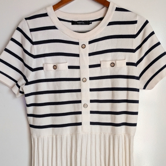 Zesica Midi Striped Crewneck Short Sleeve Knit Button Pleated Swing Dress XL - Picture 3 of 16
